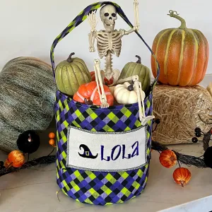 Purple Green Gingham Trick or Treat Bag, Custom Halloween Bucket
