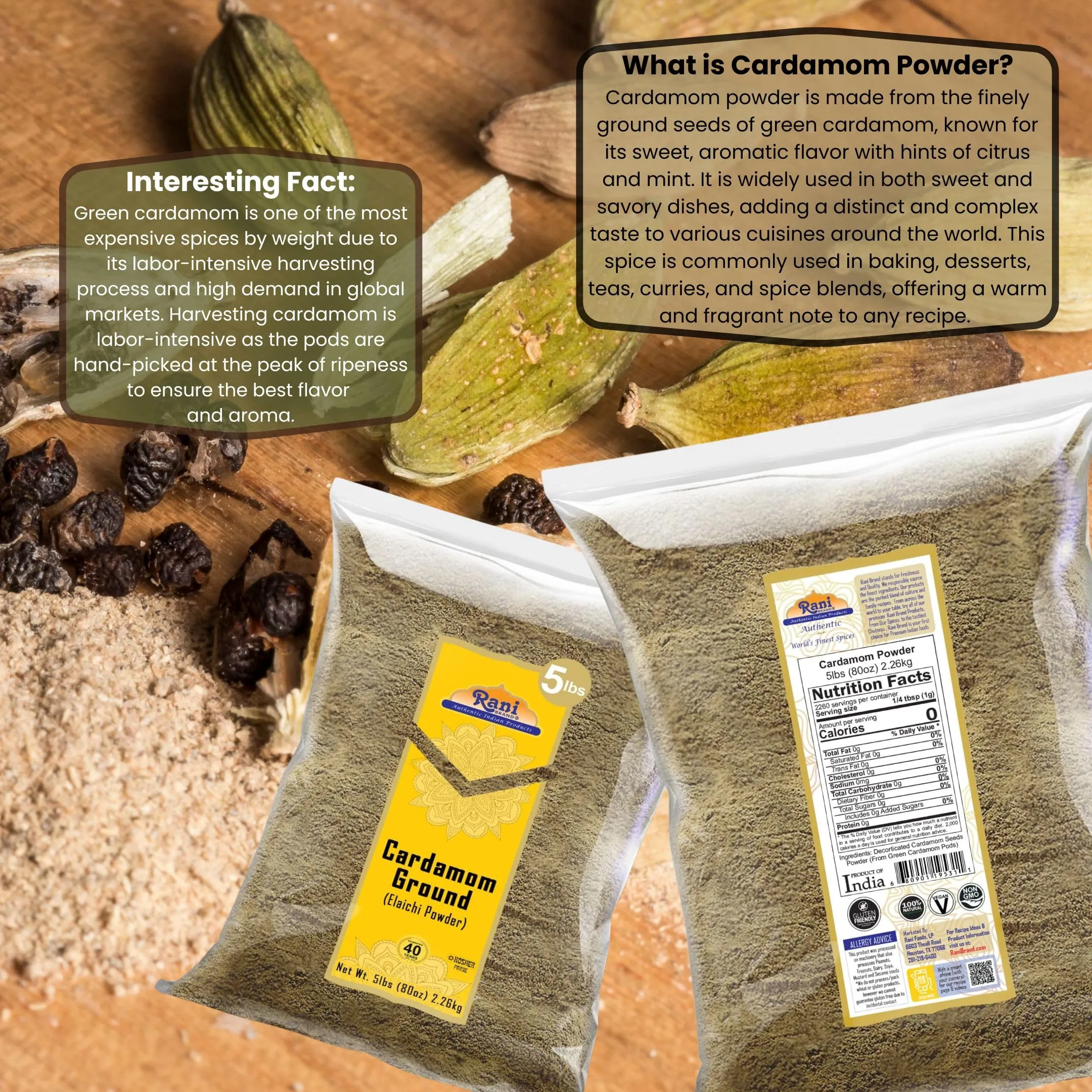 Rani Cardamom (Elachi) Ground, Powder Indian Spice 80oz (5lbs) 2.27kg Bulk ~ All Natural | No Color Added | Gluten Friendly | Vegan | NON-GMO | Kosher | No Salt or Fillers