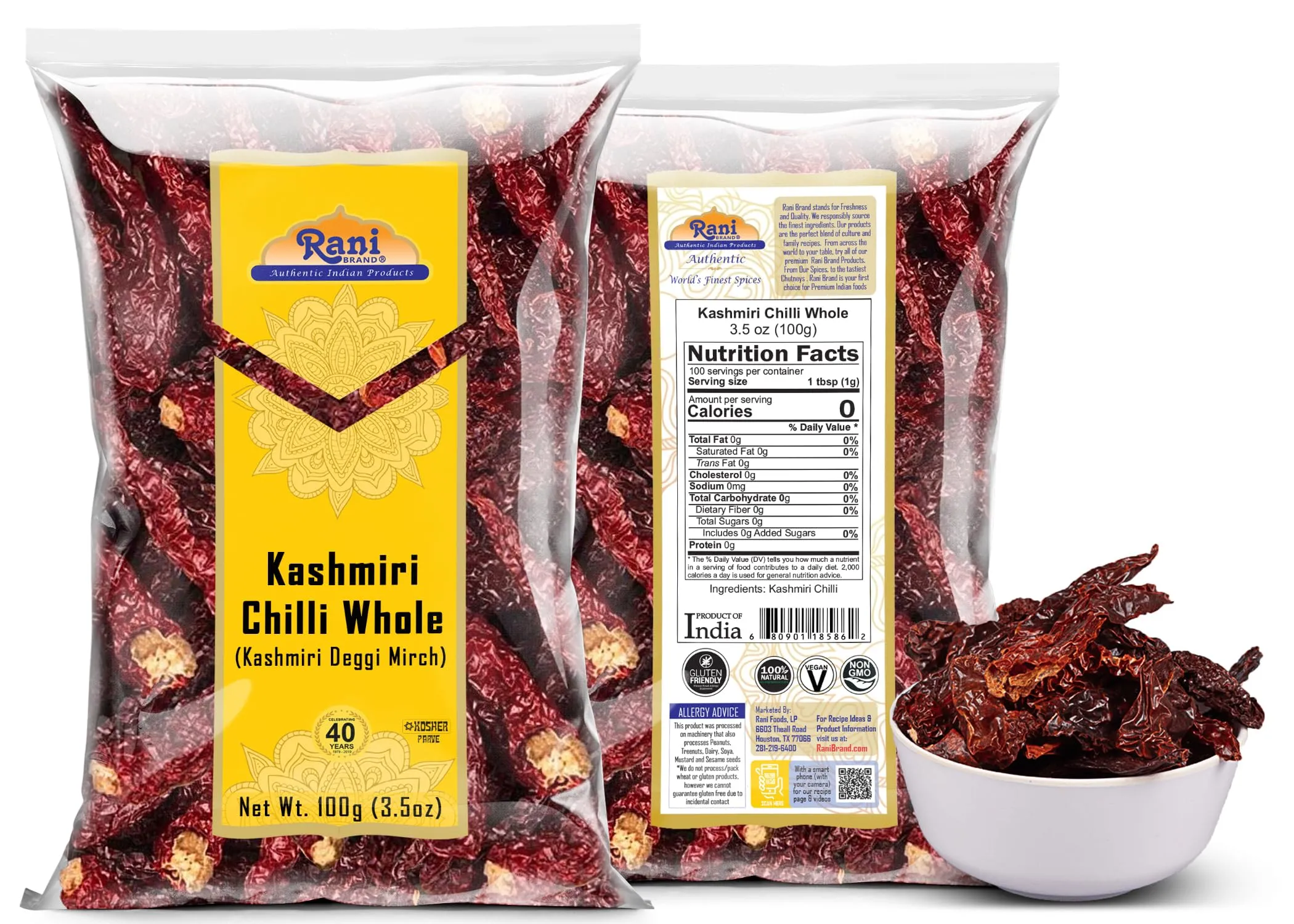 Rani Kashmiri Chilli Whole (Deggi Mirch, Low Heat) 3.5oz (100g) ~ Natural | Salt-Free | Vegan | No Colors | Gluten Friendly | NON-GMO | Kosher | Indian Origin