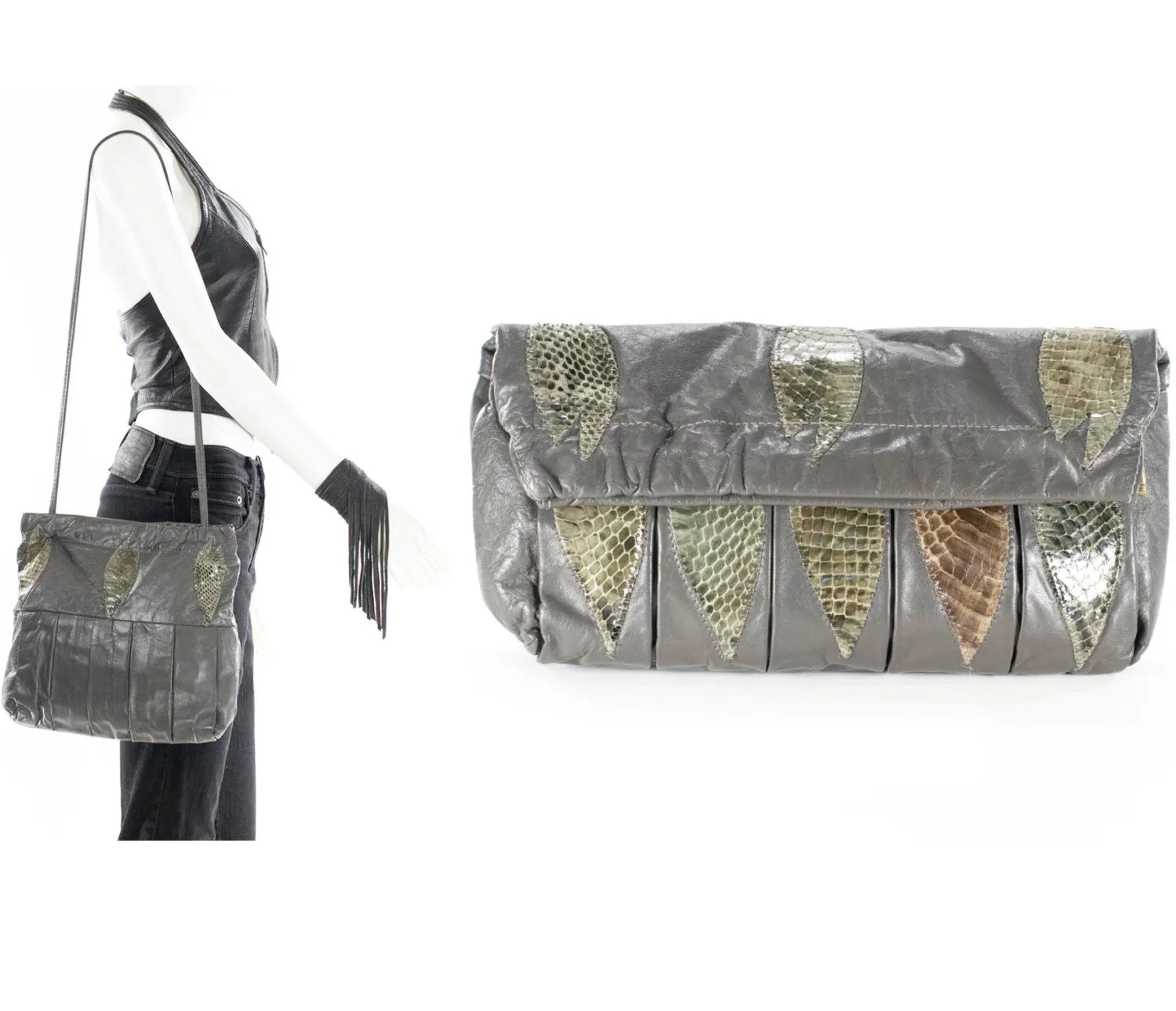 Snakeskin Purse Leather Clutch Gray 80s RETRO Convertible Bag Crossbody Leaf Patchwork Python Purse