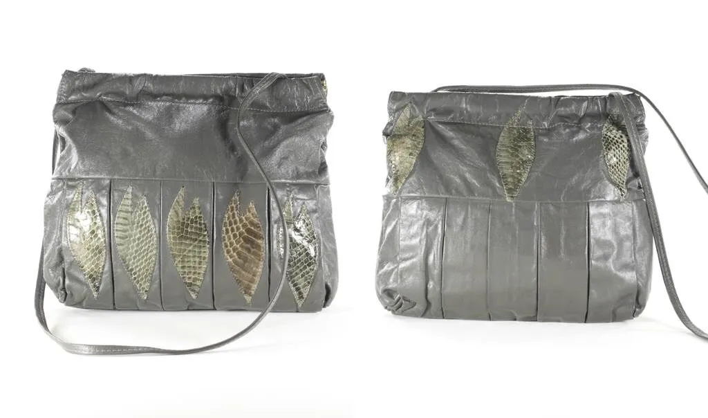 Snakeskin Purse Leather Clutch Gray 80s RETRO Convertible Bag Crossbody Leaf Patchwork Python Purse