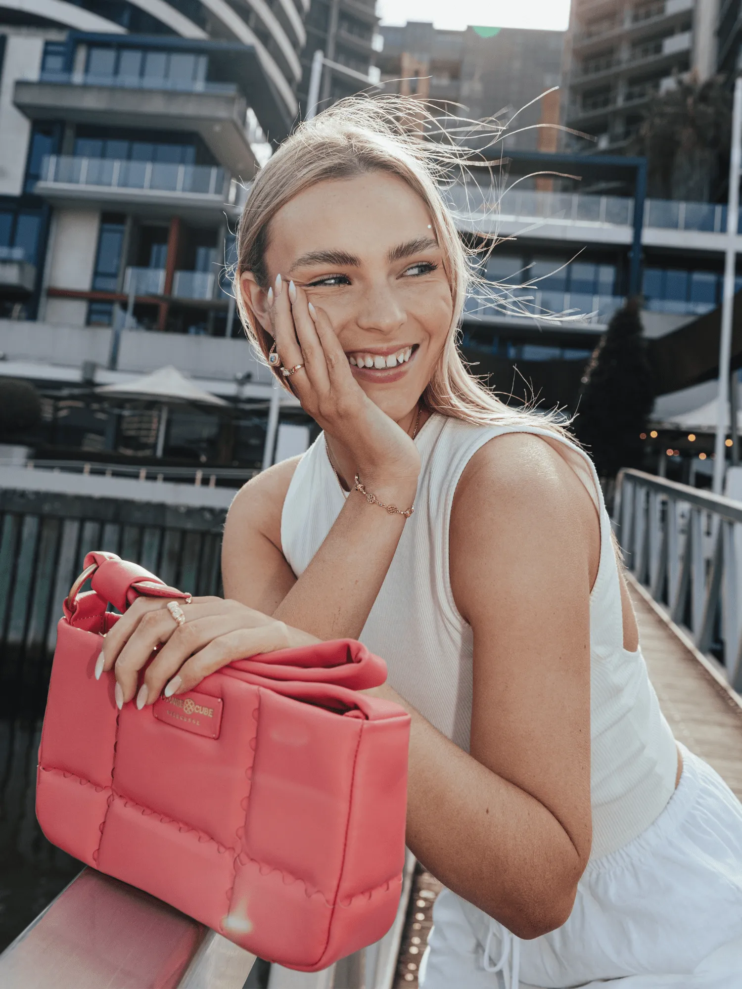 Square Stitch Cushion Shoulder Bag - Coral