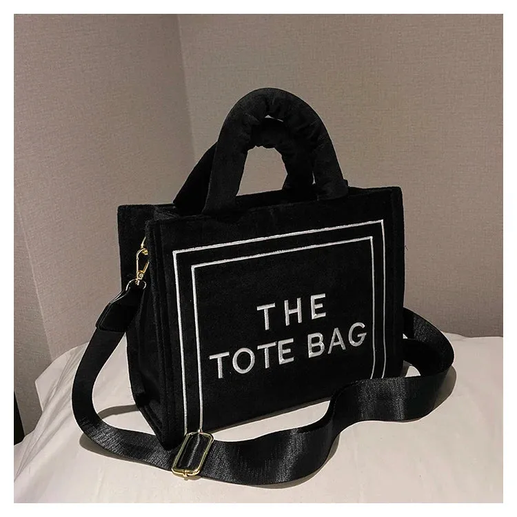 Square Velour Tote Bag with Letter Print