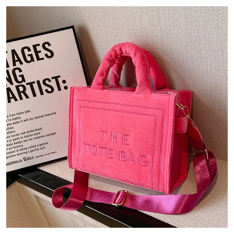 Square Velour Tote Bag with Letter Print