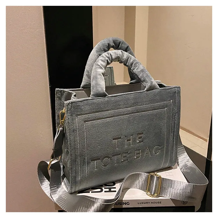 Square Velour Tote Bag with Letter Print