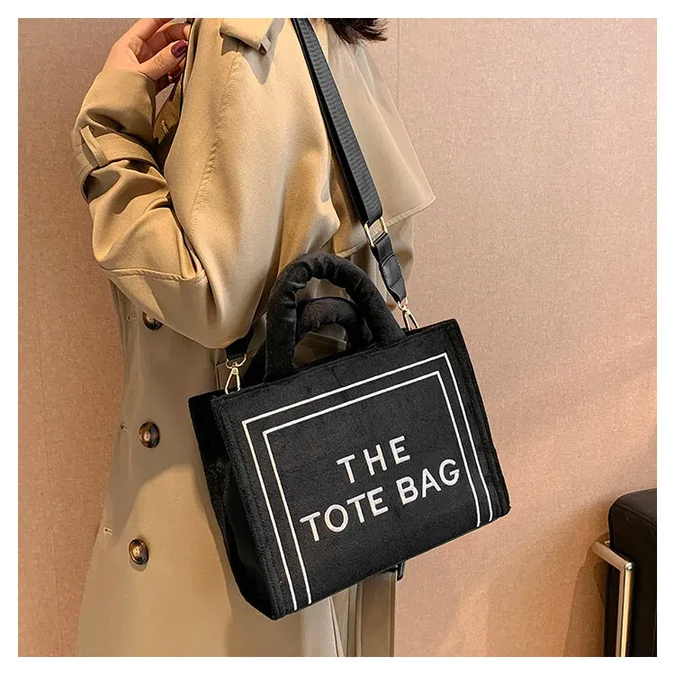 Square Velour Tote Bag with Letter Print