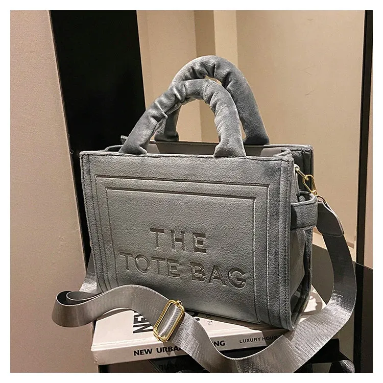 Square Velour Tote Bag with Letter Print