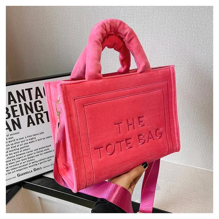 Square Velour Tote Bag with Letter Print