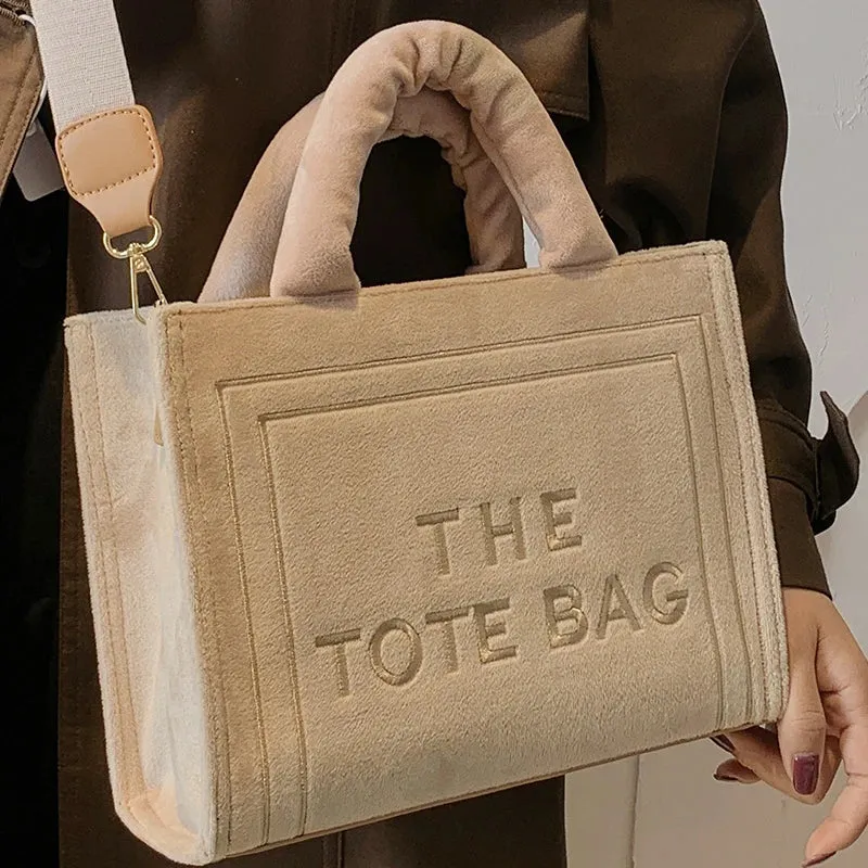 Square Velour Tote Bag with Letter Print