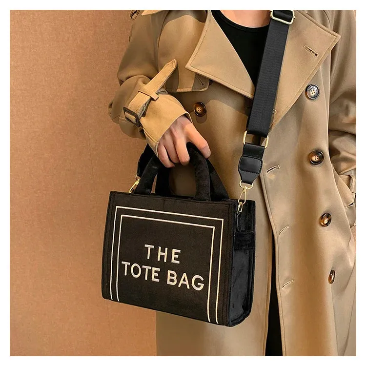 Square Velour Tote Bag with Letter Print