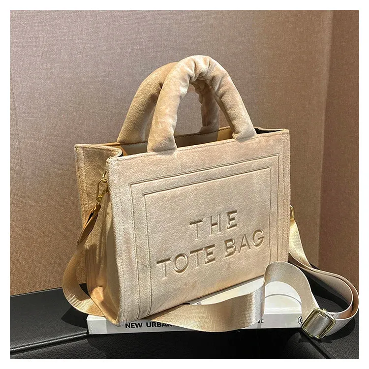 Square Velour Tote Bag with Letter Print