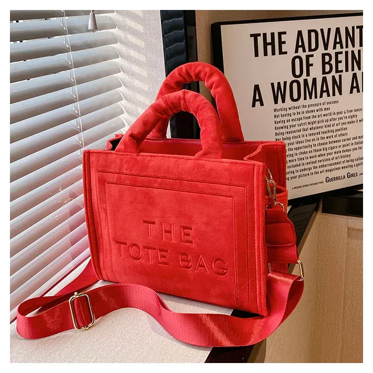 Square Velour Tote Bag with Letter Print