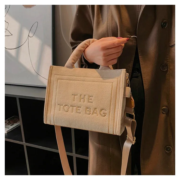 Square Velour Tote Bag with Letter Print