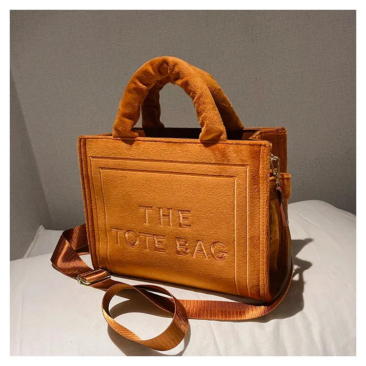 Square Velour Tote Bag with Letter Print