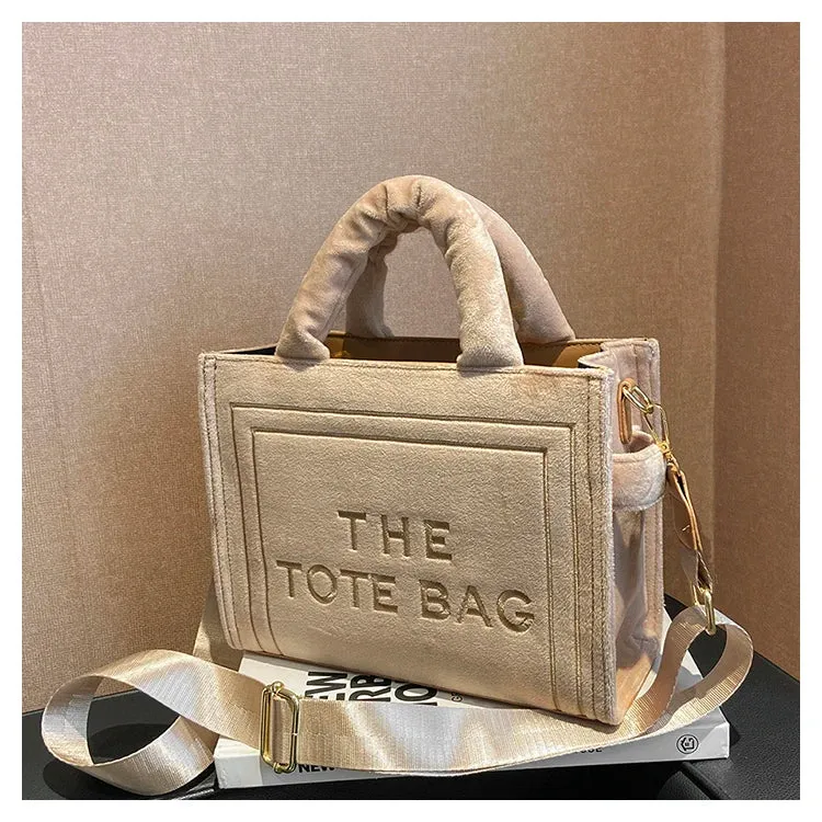 Square Velour Tote Bag with Letter Print