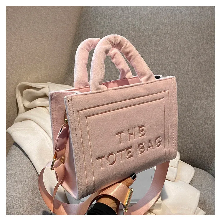 Square Velour Tote Bag with Letter Print