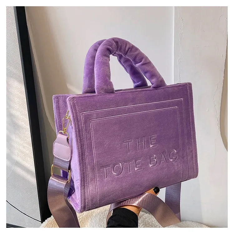 Square Velour Tote Bag with Letter Print