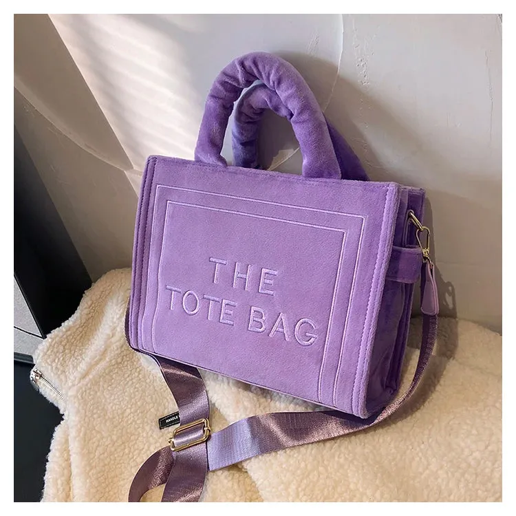 Square Velour Tote Bag with Letter Print