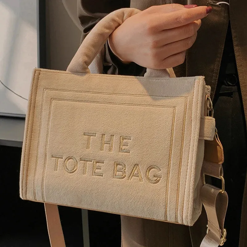 Square Velour Tote Bag with Letter Print