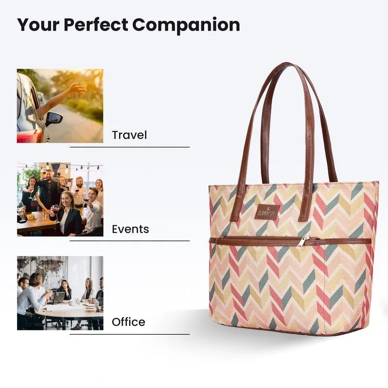 THE CLOWNFISH Concetta Printed Handicraft Fabric & Faux Leather Handbag for Women Office Bag Ladies Shoulder Bag Tote For Women College Girls (Cream)