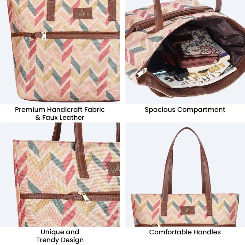 THE CLOWNFISH Concetta Printed Handicraft Fabric & Faux Leather Handbag for Women Office Bag Ladies Shoulder Bag Tote For Women College Girls (Cream)