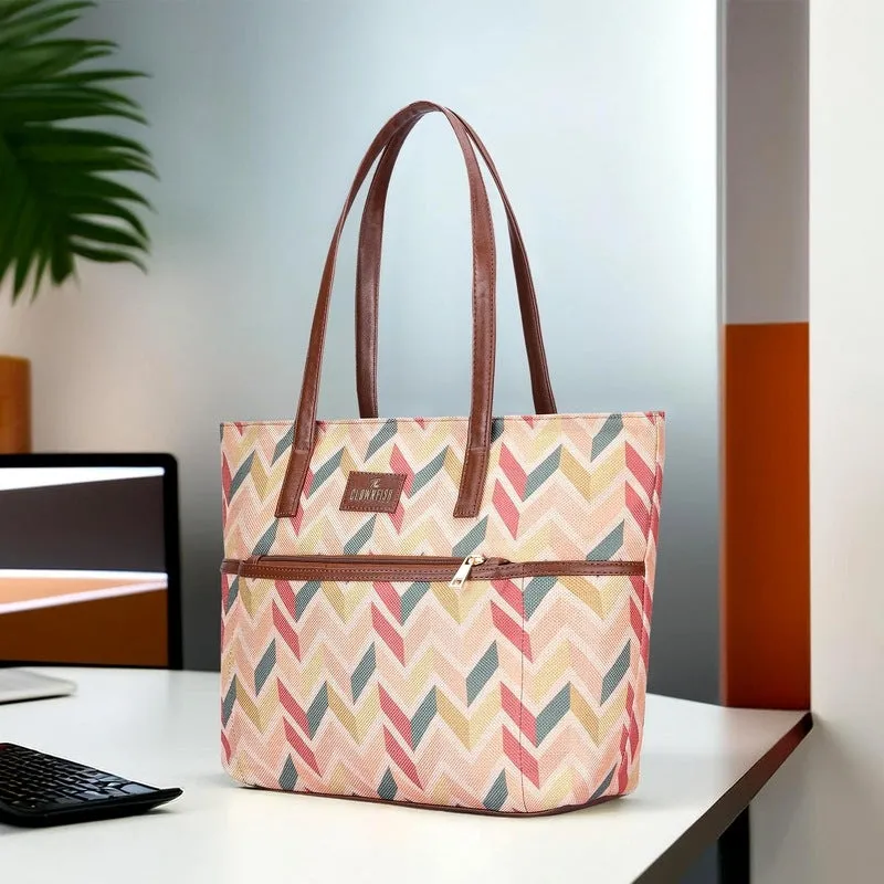 THE CLOWNFISH Concetta Printed Handicraft Fabric & Faux Leather Handbag for Women Office Bag Ladies Shoulder Bag Tote For Women College Girls (Cream)