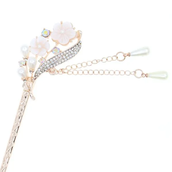 White Shell Flower with Pearl & Rhinestone Gold Finish Bridal Hair Stick w/ Tassels
