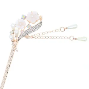 White Shell Flower with Pearl & Rhinestone Gold Finish Bridal Hair Stick w/ Tassels