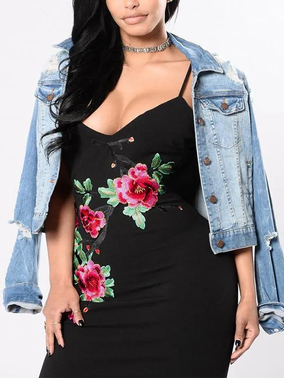 Wholesale Black V-Neck Sleeveless Embroidered Backless Mini Dress