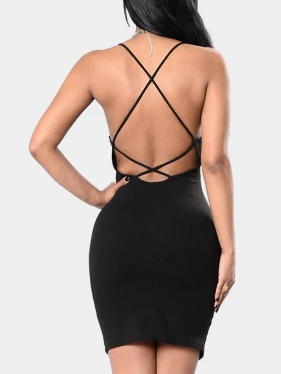 Wholesale Black V-Neck Sleeveless Embroidered Backless Mini Dress