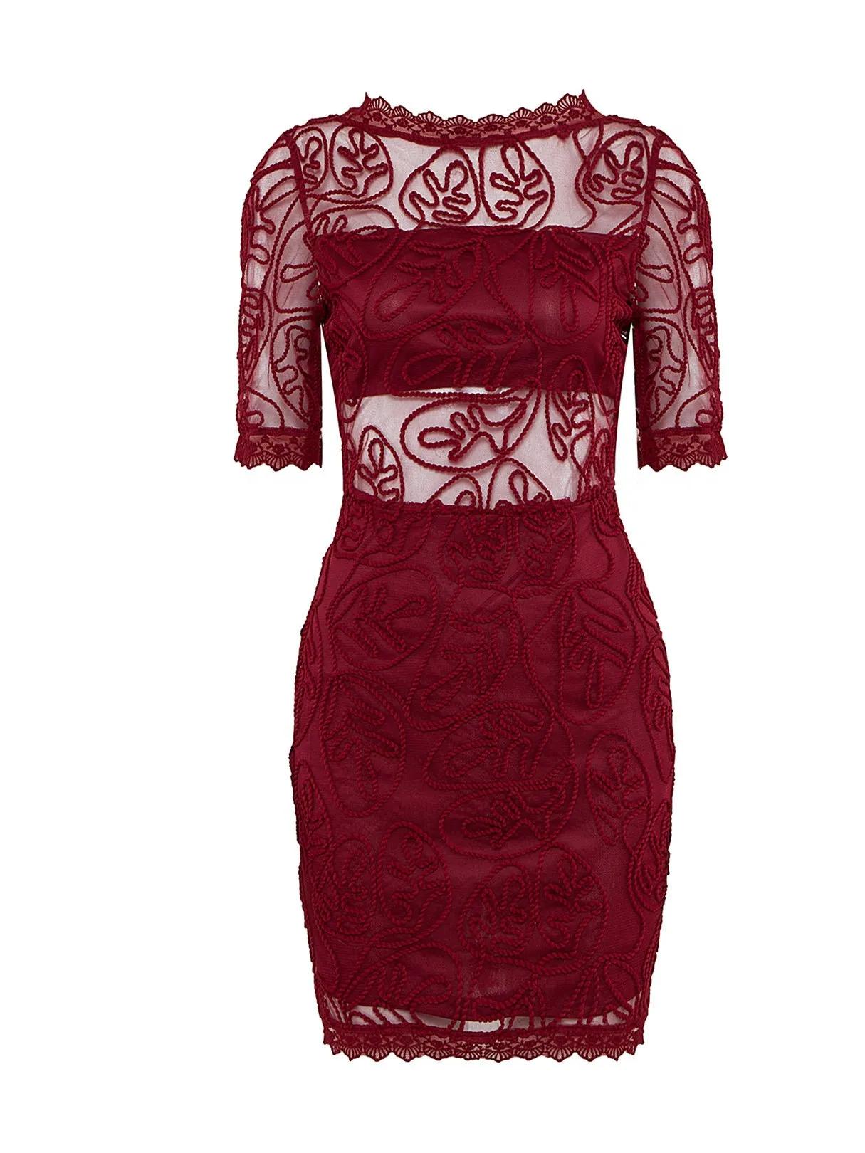 Wholesale Burgundy Crew Neck Lace Zip Back Backless Mini Dress
