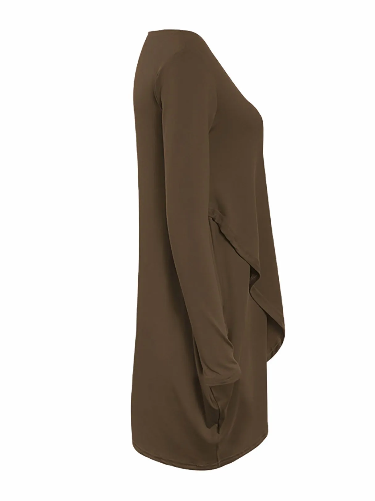 Wholesale Coffee Round Neck Long Sleeve Plain Irregular Hem Mini Dresses