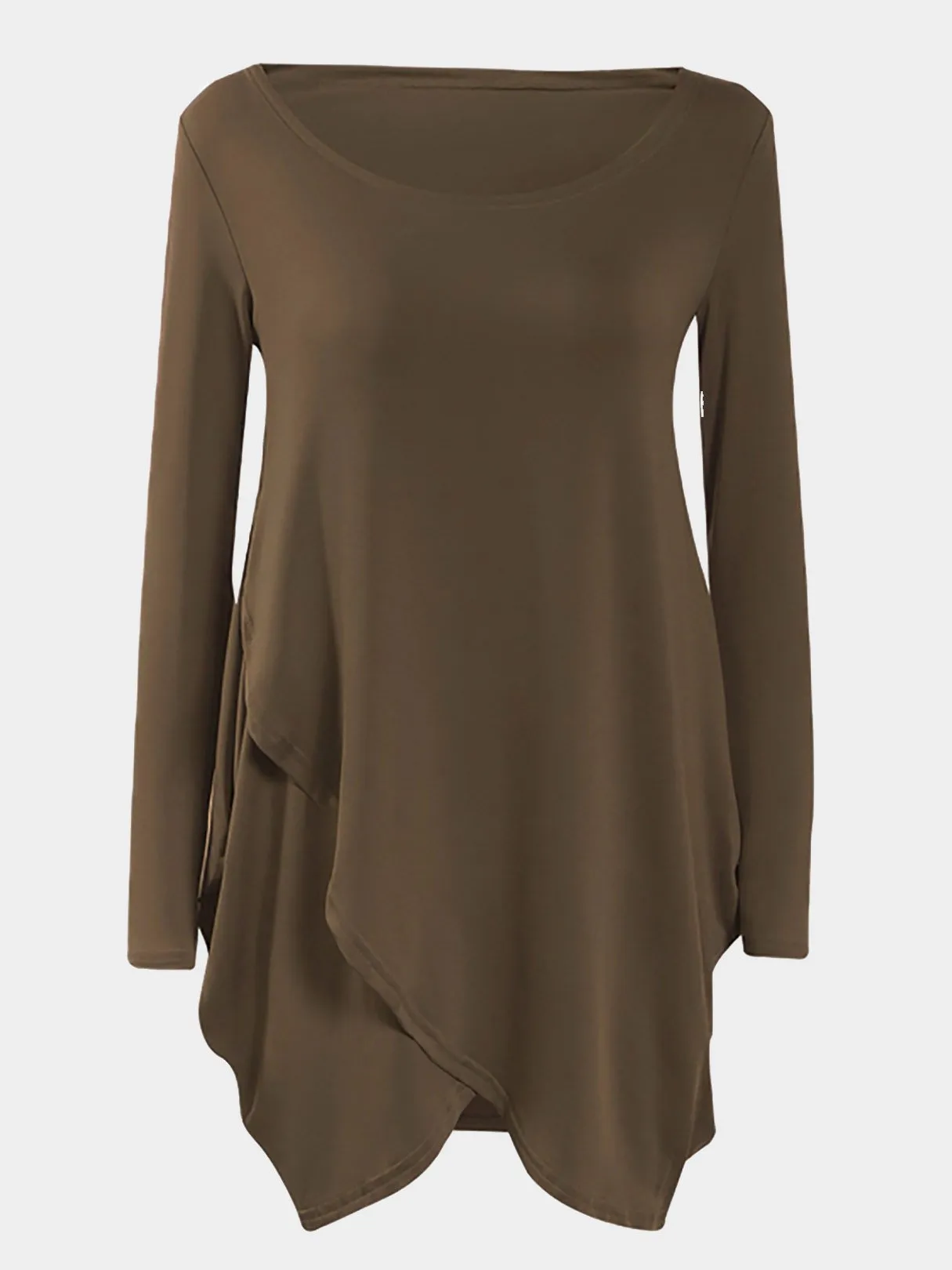 Wholesale Coffee Round Neck Long Sleeve Plain Irregular Hem Mini Dresses