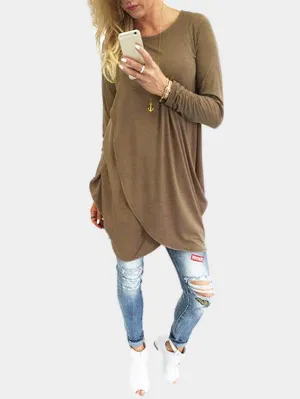 Wholesale Coffee Round Neck Long Sleeve Plain Irregular Hem Mini Dresses
