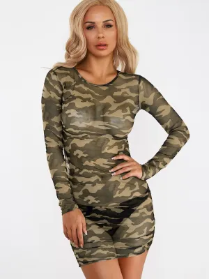 Wholesale Green Round Neck Long Sleeve Camouflage Mini Dress