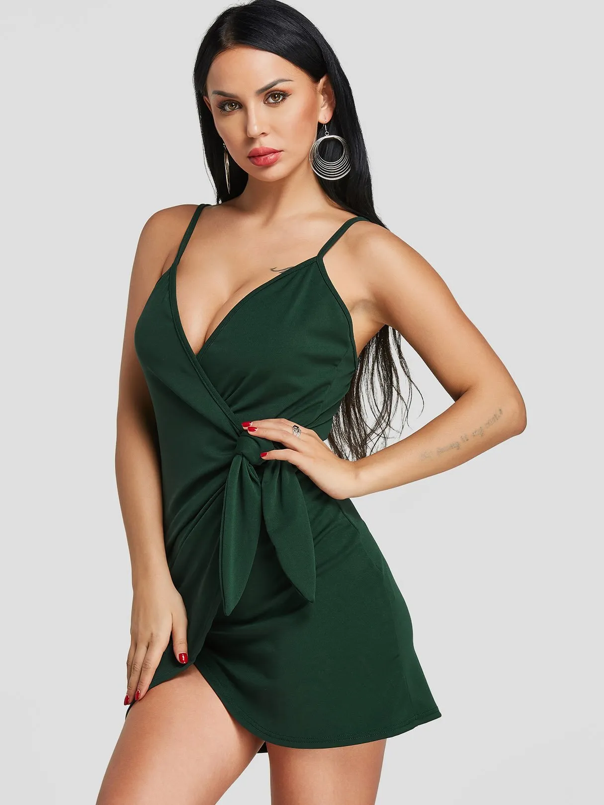 Wholesale Green V-Neck Sleeveless Wrap Mini Dresses