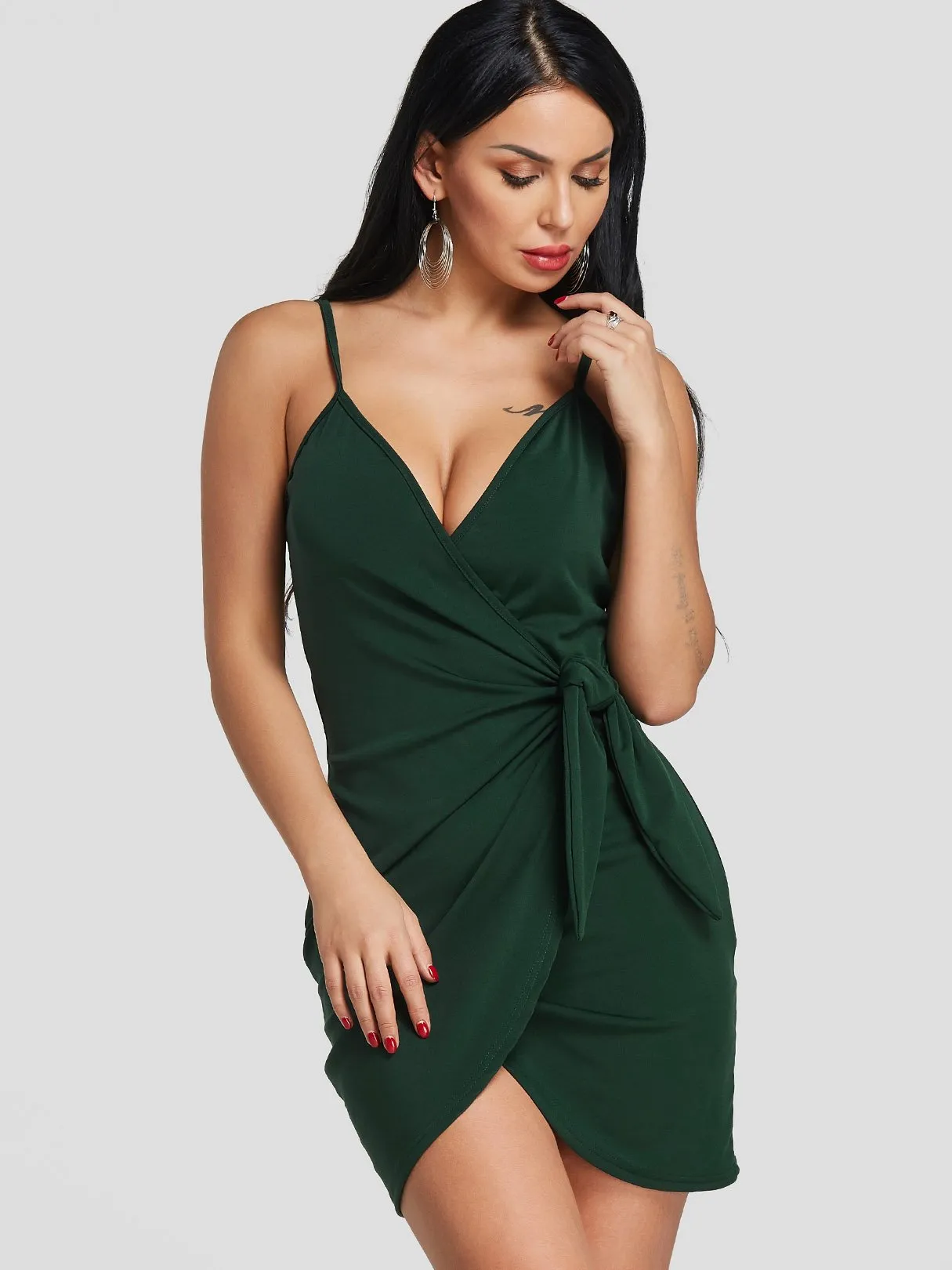 Wholesale Green V-Neck Sleeveless Wrap Mini Dresses