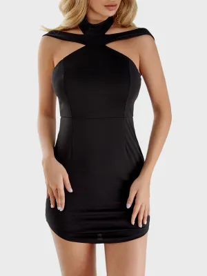 Wholesale Halter Plain Zip Back Backless Cut Out Curved Hem Black Mini Dress