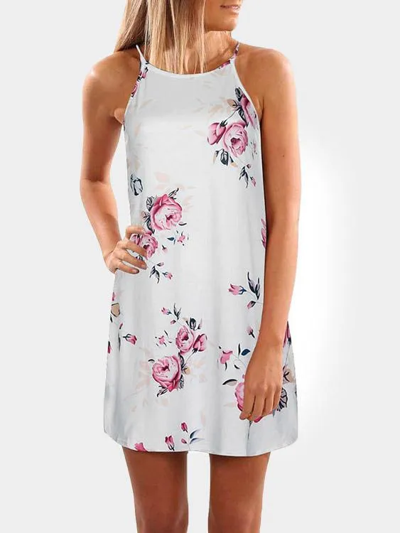 Wholesale Halter Sleeveless Floral Print Fashion Mini Dress