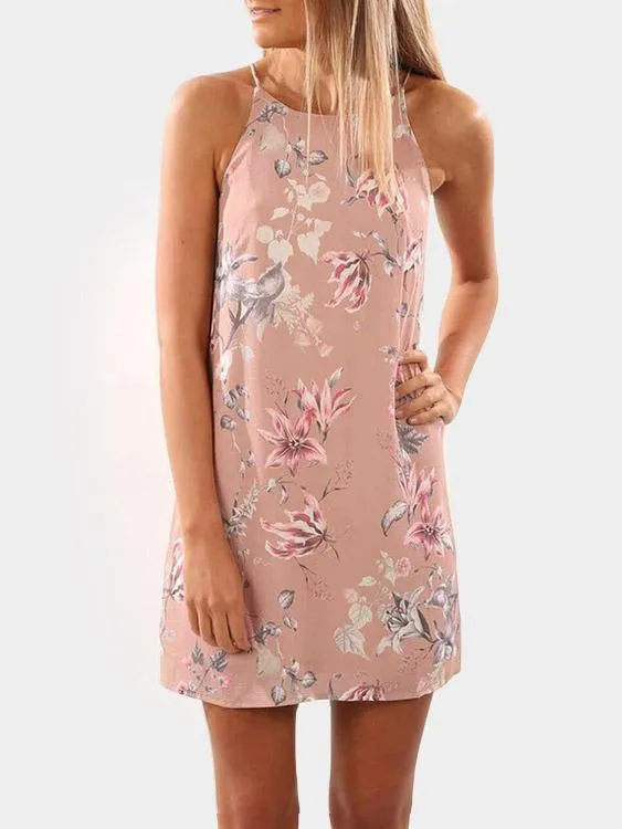 Wholesale Halter Sleeveless Floral Print Fashion Mini Dress