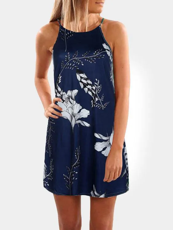 Wholesale Halter Sleeveless Floral Print Fashion Mini Dress