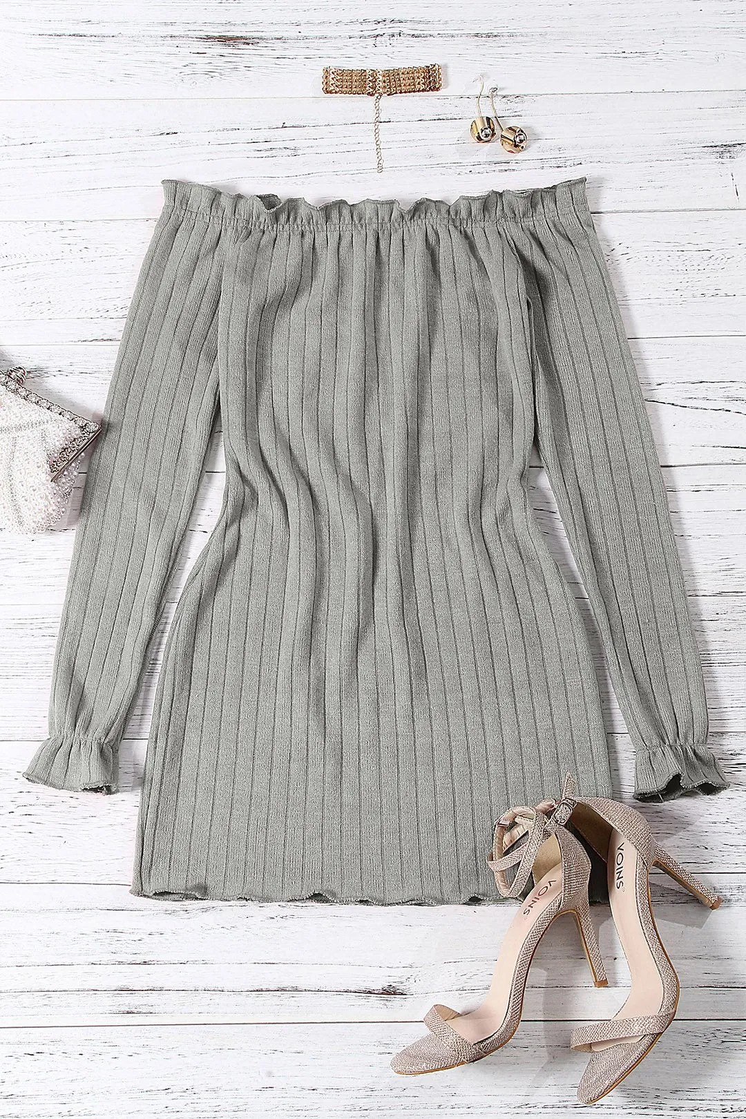 Wholesale Off The Shoulder Long Sleeve Plain Bodycon Mini Dress