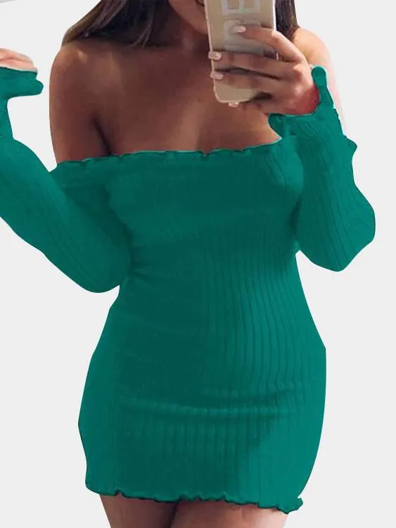 Wholesale Off The Shoulder Long Sleeve Plain Bodycon Mini Dress