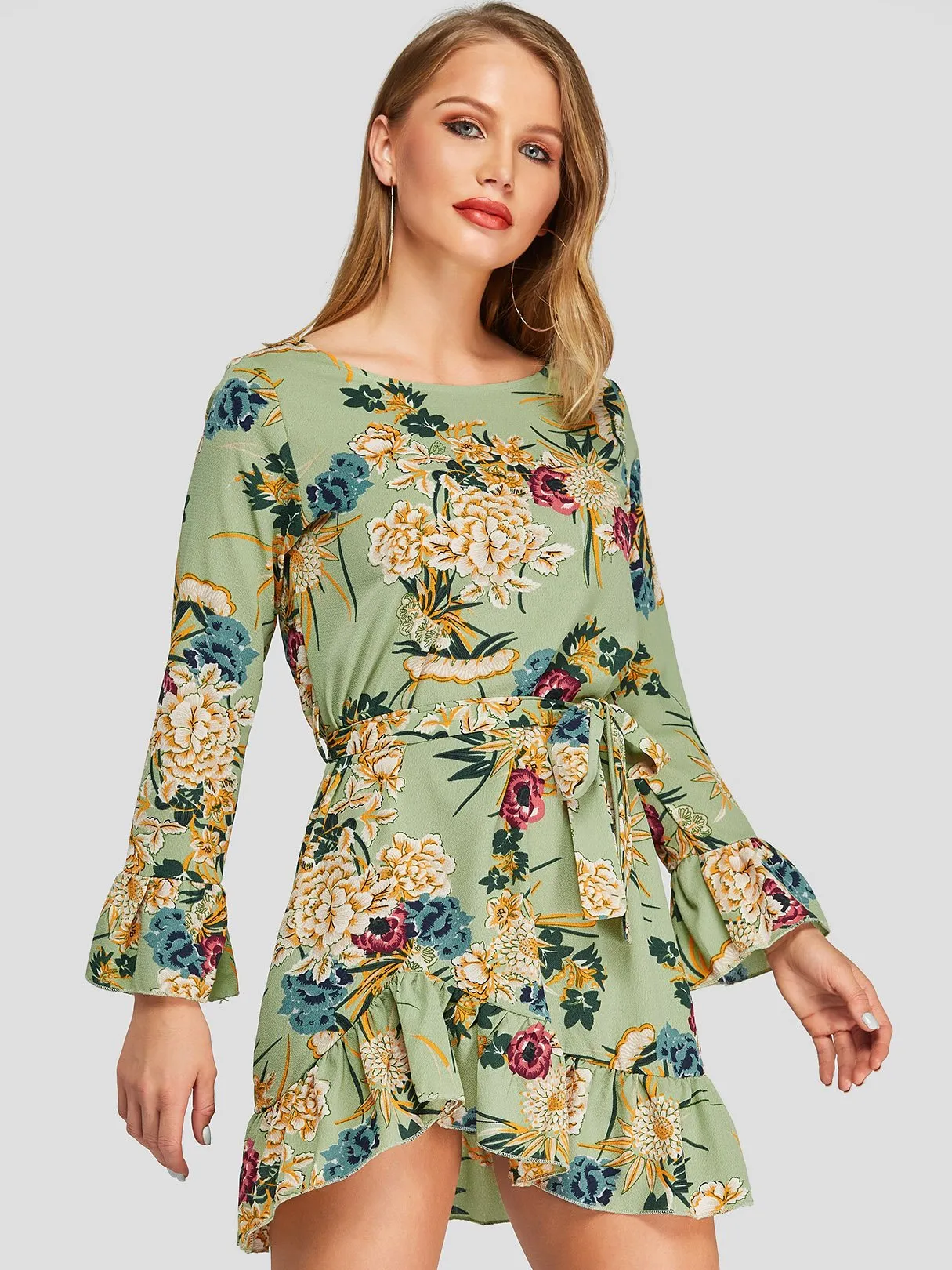 Wholesale Round Neck Long Sleeve Self-Tie Flounced Hem Mini Dresses