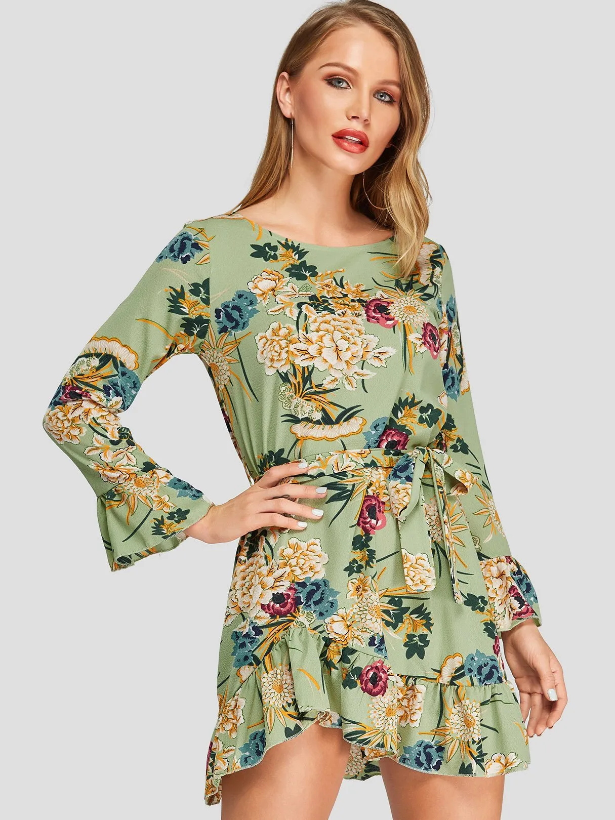 Wholesale Round Neck Long Sleeve Self-Tie Flounced Hem Mini Dresses