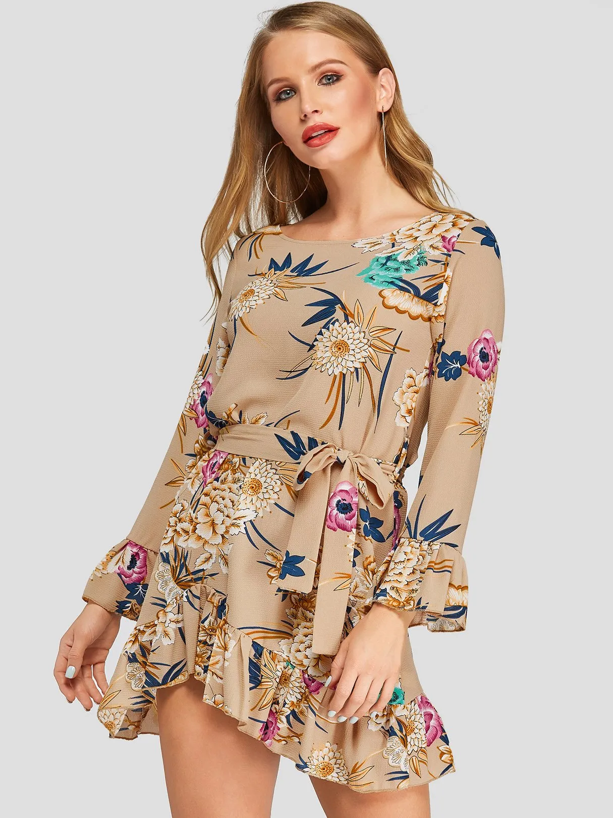 Wholesale Round Neck Long Sleeve Self-Tie Flounced Hem Mini Dresses