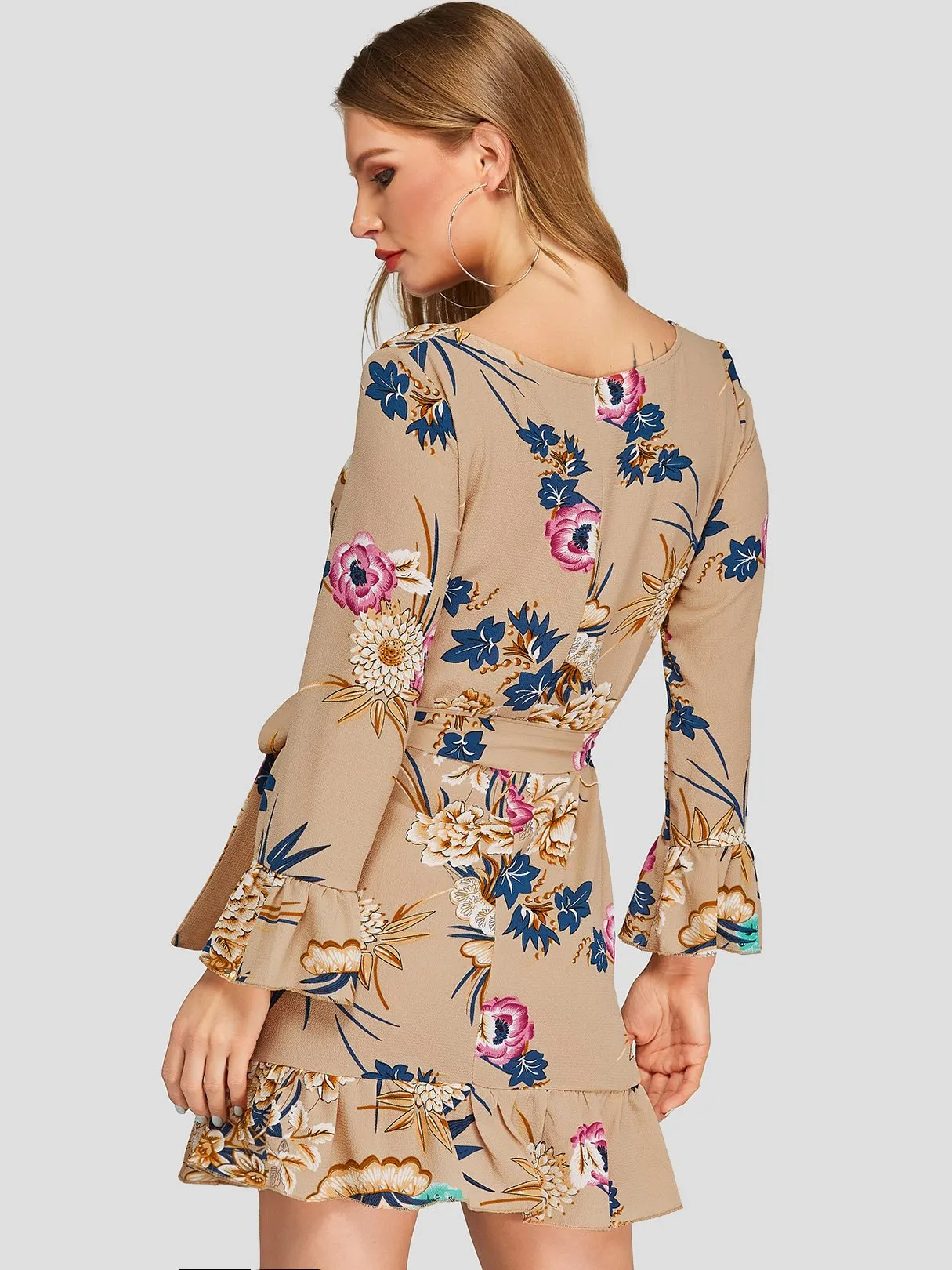 Wholesale Round Neck Long Sleeve Self-Tie Flounced Hem Mini Dresses