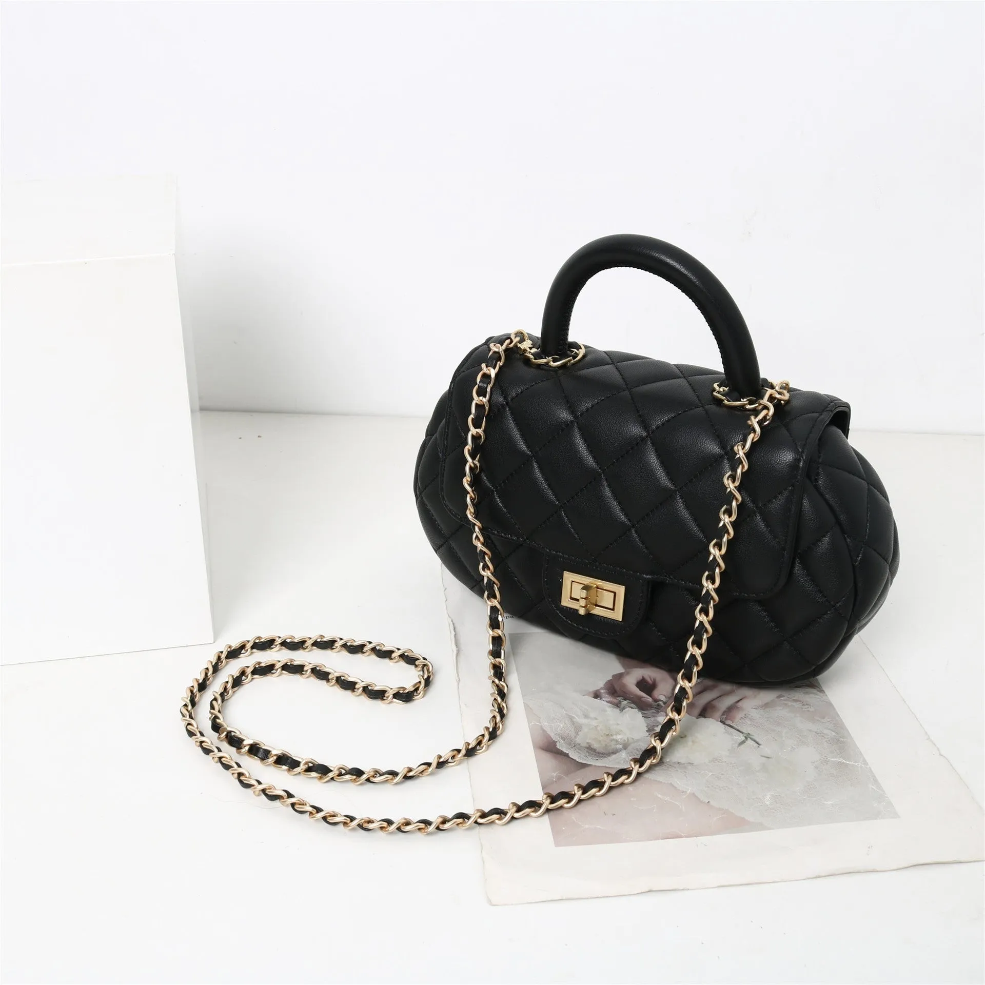 Womens Quilted Leather Cross Body Handle Flap Bag Black