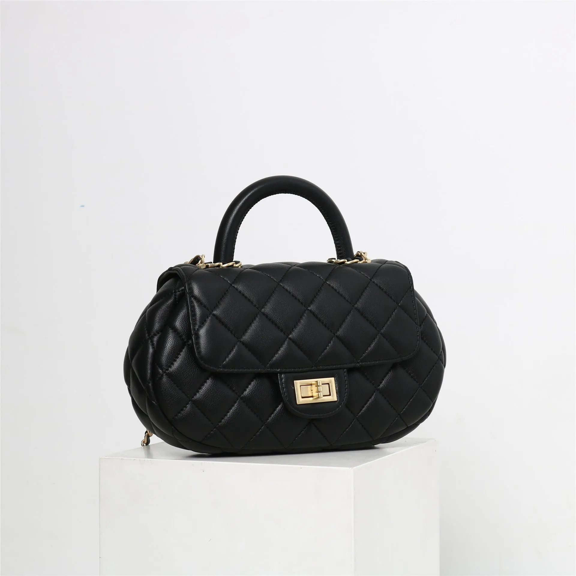 Womens Quilted Leather Cross Body Handle Flap Bag Black