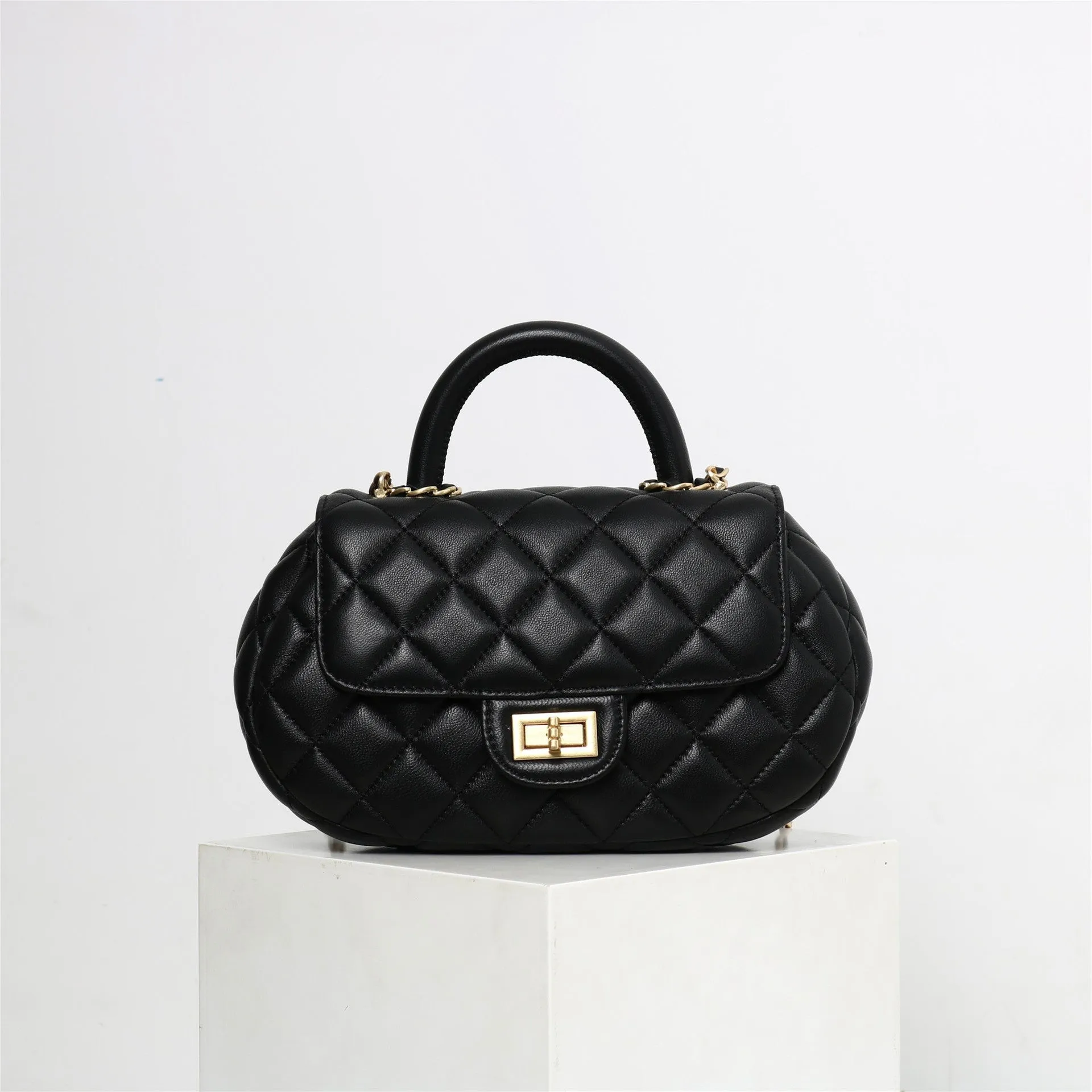 Womens Quilted Leather Cross Body Handle Flap Bag Black